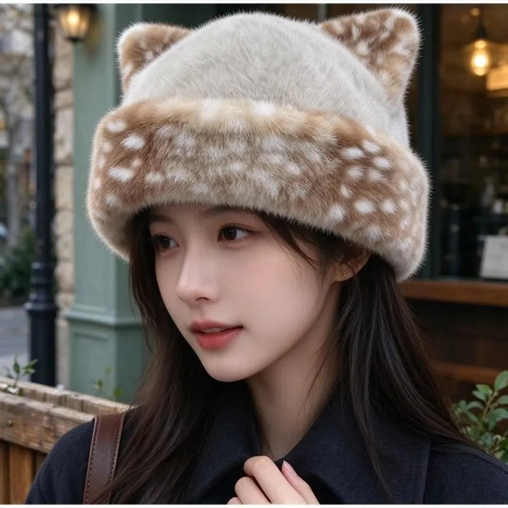 Fashion Cat Ear Bucket Hat Thick Warm Spotted Pattern Fisherman Cap Faux Fur Winter Beanie Hat Women