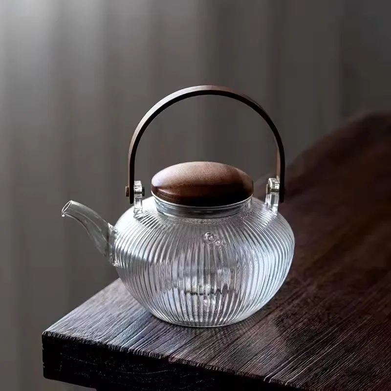 750ml Vertical stripes Wooden Beam Glass Teapot With Tea Infsuer Boiling Puer Oolong Kung Fu Tea Set Health Flower Tea Maker