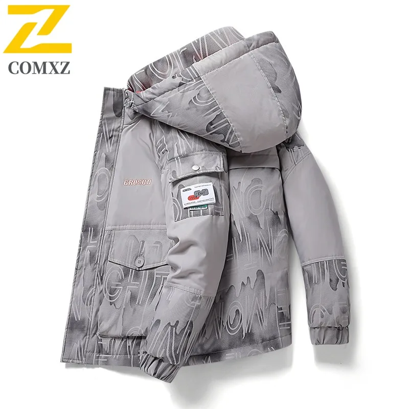 COMXZ 2025 New Winter Men Down Jacket Hooded Trend Thickened Thermal Mountain Patchwork waterproof and windproof outdoor Coat