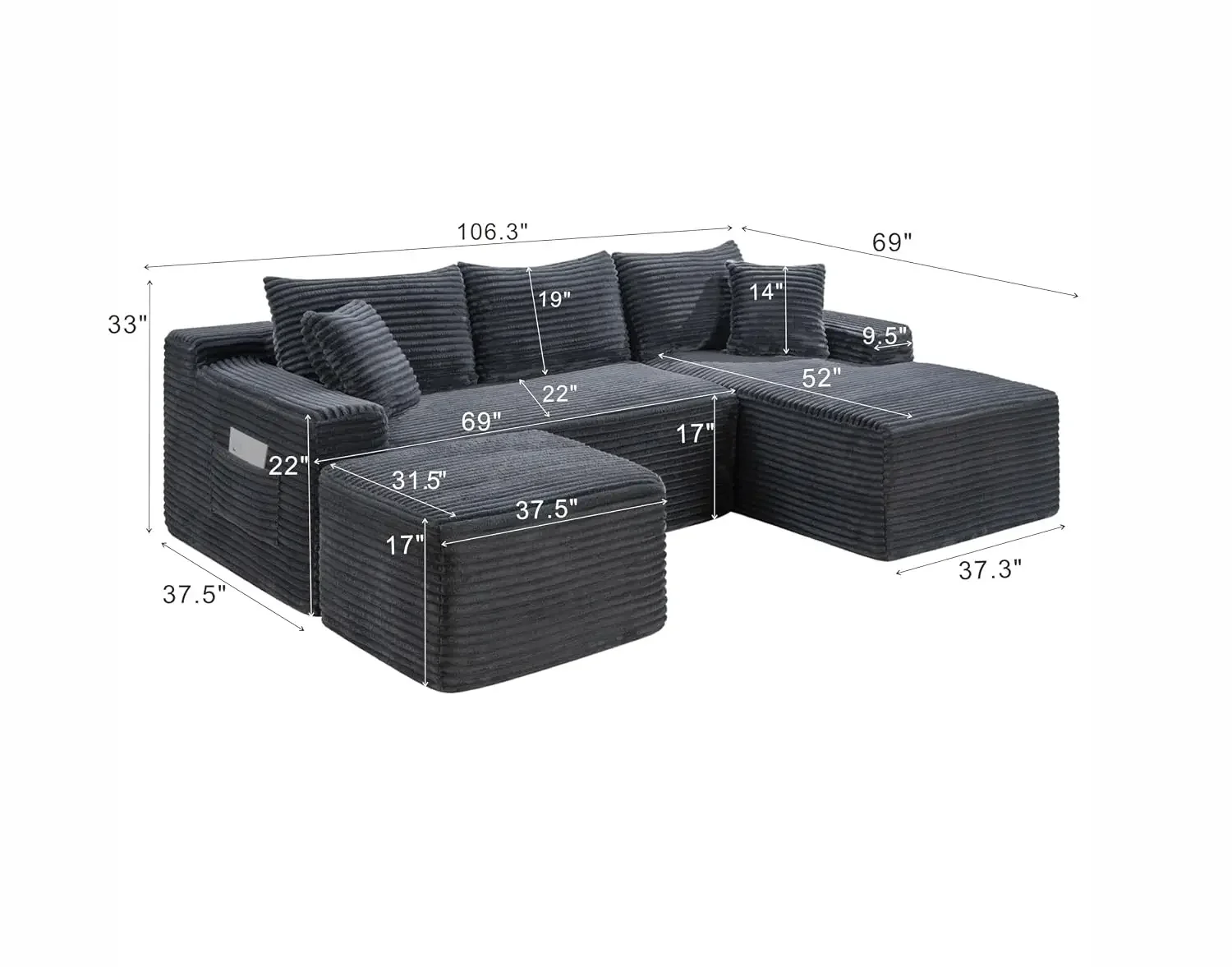 106-Inch Oversized U-Shaped Right Facing Corner Compressed Sofa Modular Boneless Cloud Sectional Sofa Floor Foam, Customized