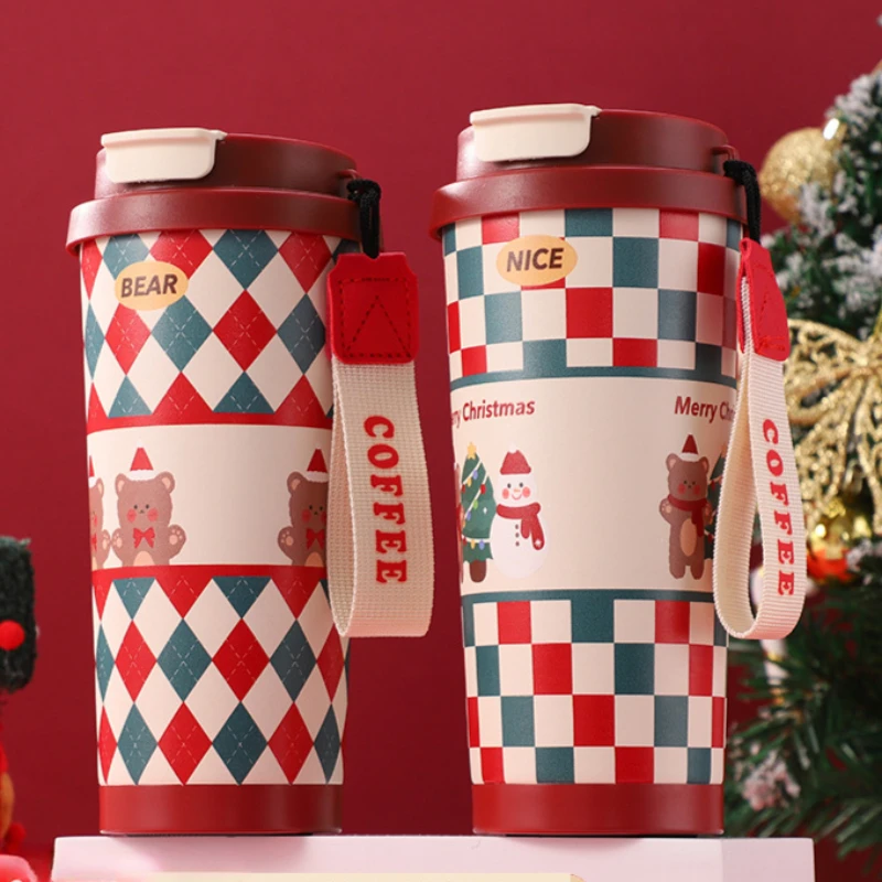 

550ML Christmas Gift Thermos Cup Vacuum Flasks Creative Coffee Mugs Stainless Steel Double Straw Gift Water Bottles