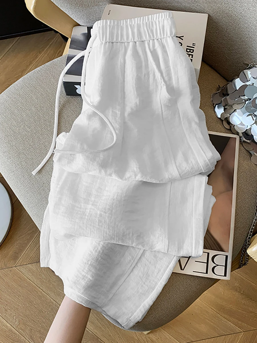Frühling Herbst Damen Hosen Lässige Hochgeschnittene Weite Hosen Lose Einfarbig Elastische Taille Kordelzug Streetwear Mode – Detail 2
