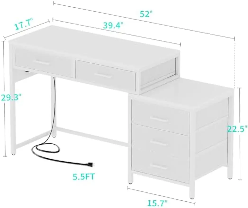 Reversible Computer Desk with 5 Drawers, Sturdy Office Desk with Power Outlets and USB Ports, Study Writing Table