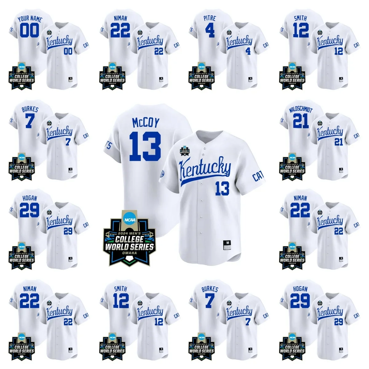 

Custom MEN KENTUCKY 2024 COLLEGE WORLD SERIES LIMITED White JERSEY #7 DEVIN BURKES #13 JAMES MCCOY #22 DOMINIC NIMAN