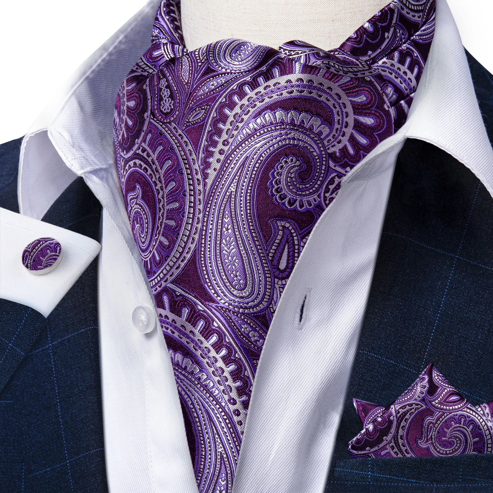 Novalty British Purple Paisley Men's Formal Ascot Silk Luxury Pocket Square Cufflinks Set for Wedding Business Party Gentleman