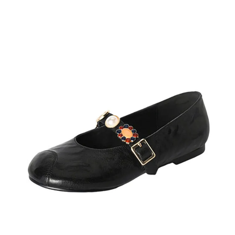 高品質でおしゃれなシングルシューズ、レディース用ソフトレザーフラットボトムレトロラインストーンバレエメリージェーンシューズ