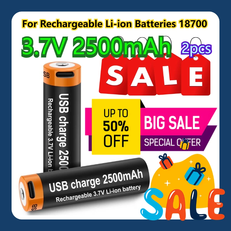

For Rechargeable Li-ion Batteries 3.7V 2500mAh 18700 2pcs
