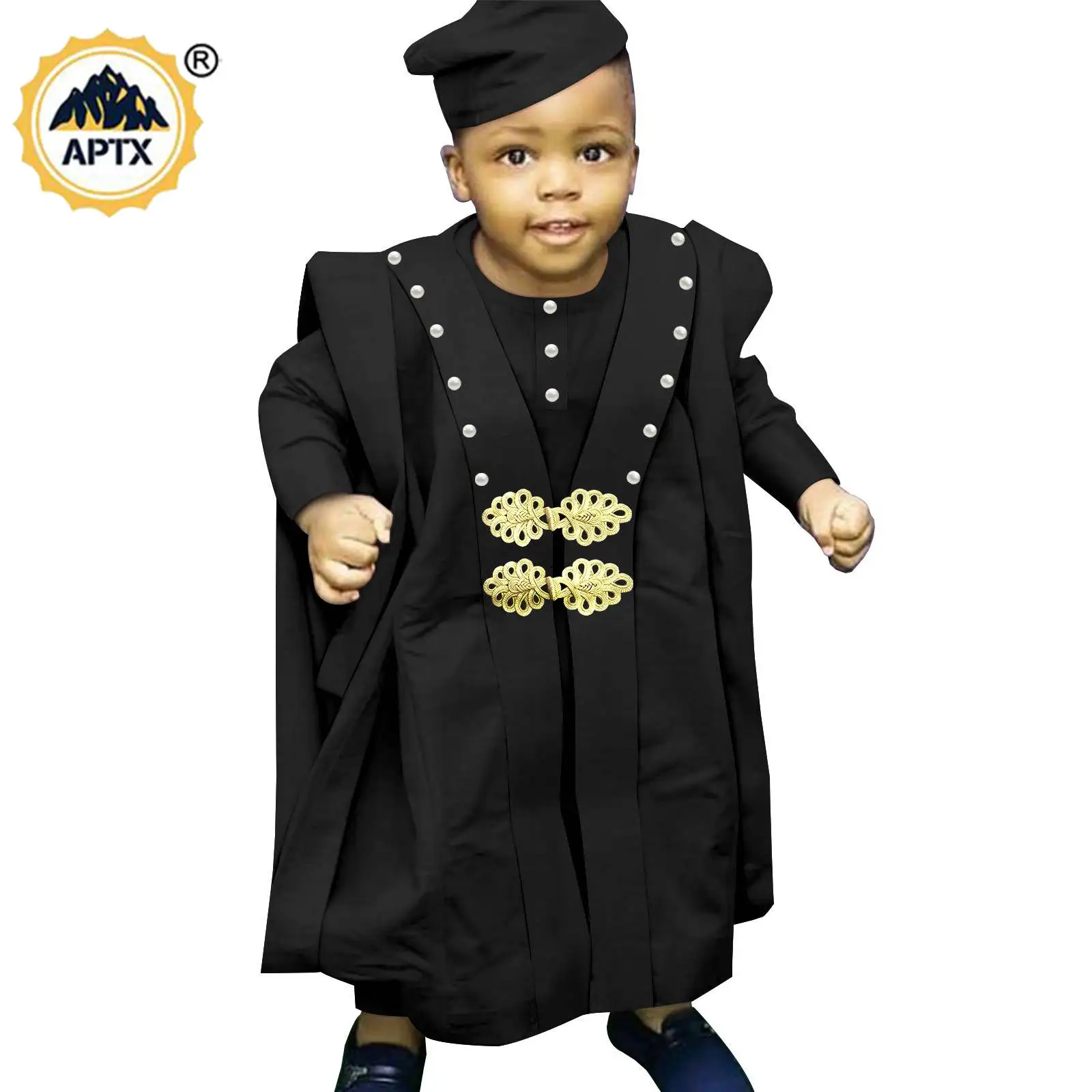 Africa Clothing Dashiki Boy Outfits Bead Pearls Top Pants and Robe Match Hat Cap Bazin Riche Children Kid Muslim Sets Y234017