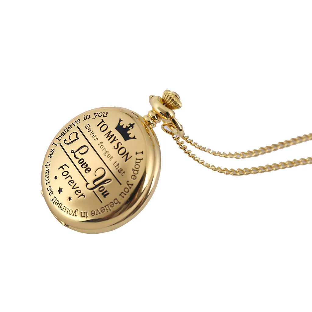 Luxury To My Son I Love You Carving Quartz Pocket Watch for Son Boys Engraved Case Fob Chain Clock for Children Birthday Gift