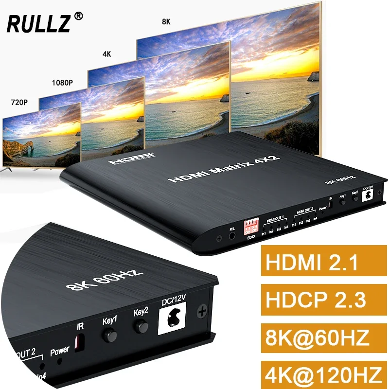 

8K 60HZ 4x2 HDMI Matrix HDMI2.1 Switch 4K 120Hz Video Distributor Splitter 4 in 2 Out for PS4 Camera Computer PC To TV Monitor