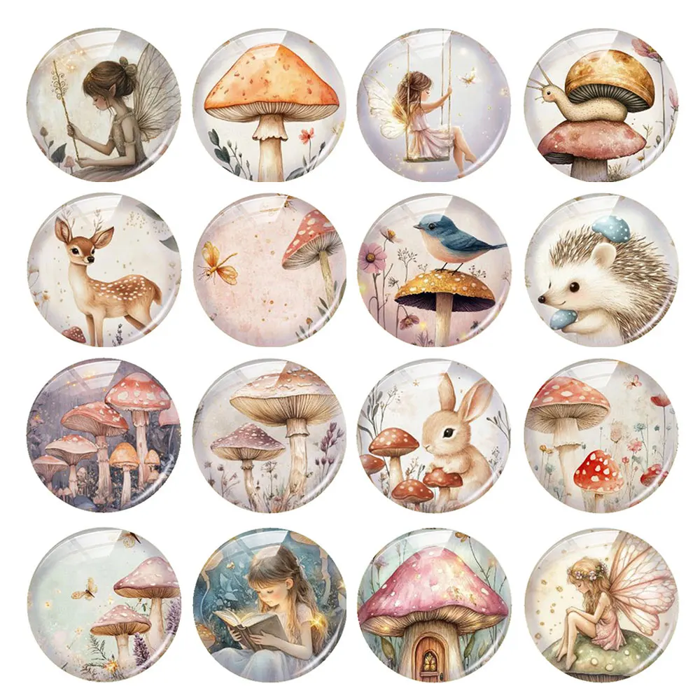 Random Mixed Round/Oval/Square Fairy Wild Mushroom Deer Rabbit Photo Glass Cabochon Flatback Demo Cameo For Diy Jewelry Making