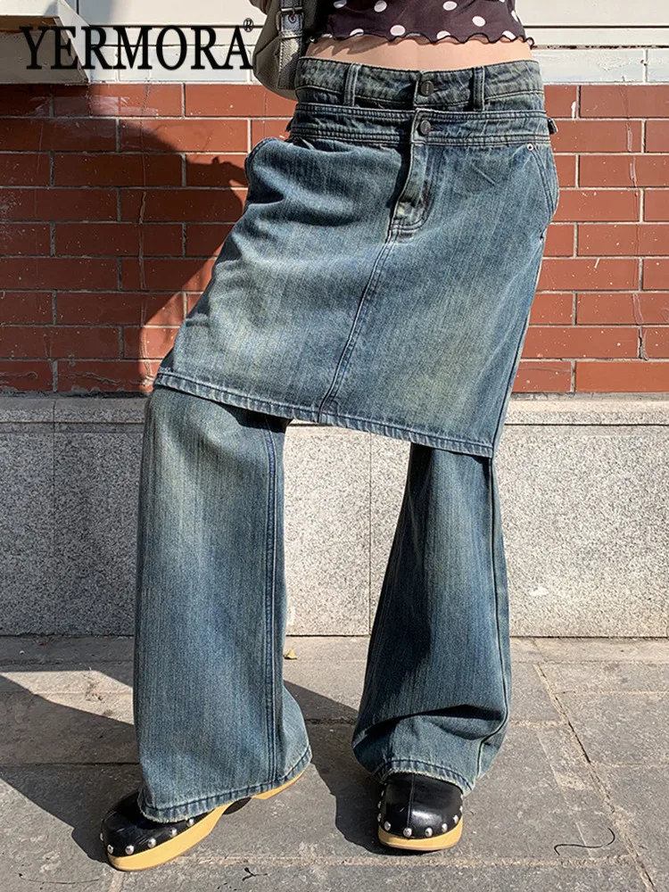 YERMORA High Waist Blue Fake Two Pieces Denim Wide Leg Pants For Women Loose New Casual Jeans Fashion Tide Spring Autumn 2026