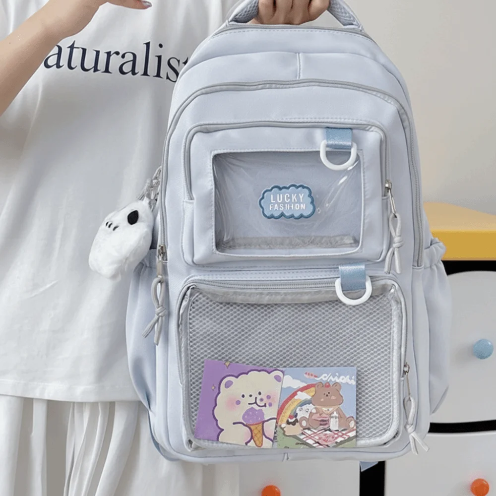 Solid Color Nylon Ita Backpack Durable Transparent Students School Bag Fixed Webbing Scratch Prevention Large Capacity Daypack