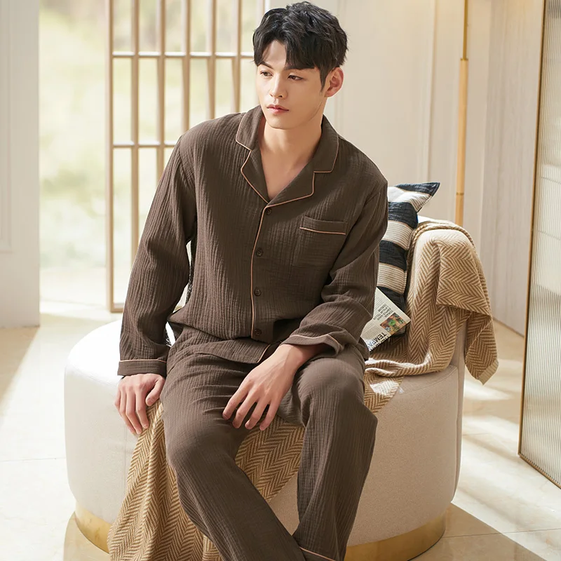 

Autumn Pajama Set Male Full Cotton Sleepwear Home Clothing Long Sleeves Spring Cardigan Tops + Long Pants Leisure Pyjamas Suit