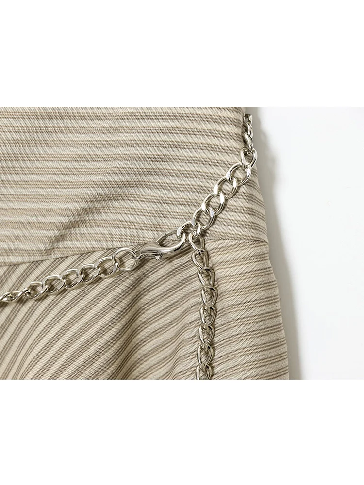 TFMLN 레트로 비대칭 미디 스커트 여성 여름 2025 트렌디 슬리밍 스트라이프 A라인 언밸런스 스커트 시크 메탈 벨트 포함