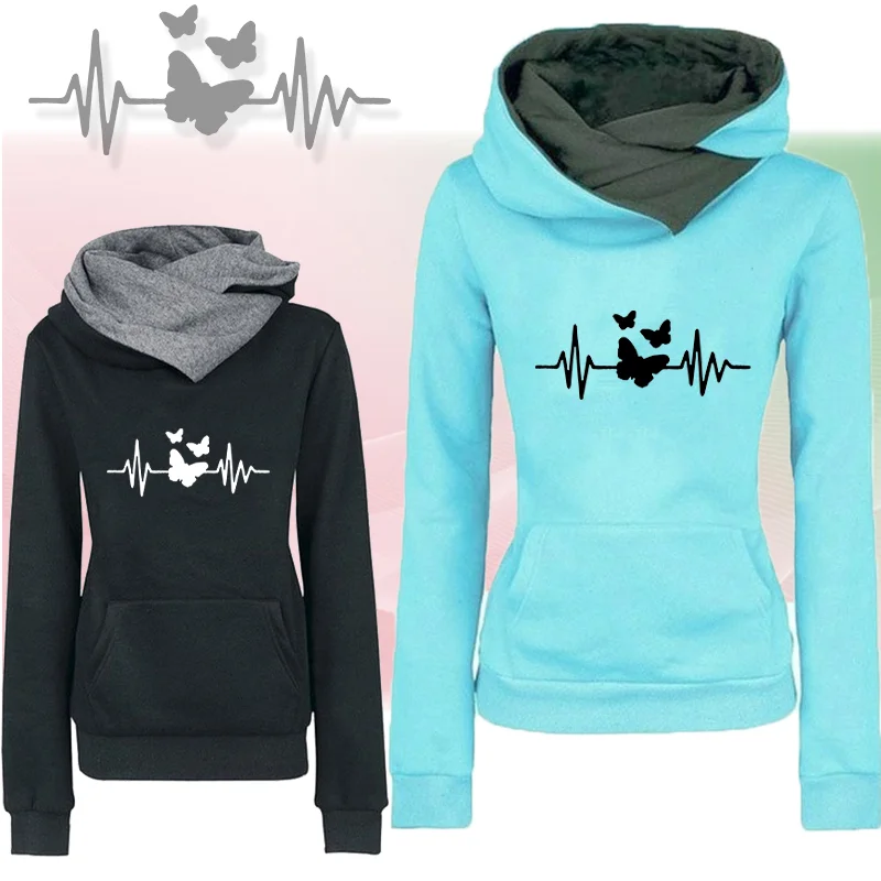 

Butterfly electrocardiogram printed women's hooded sweatshirt with lapel and long sleeved casual hooded sweatshirt pullover