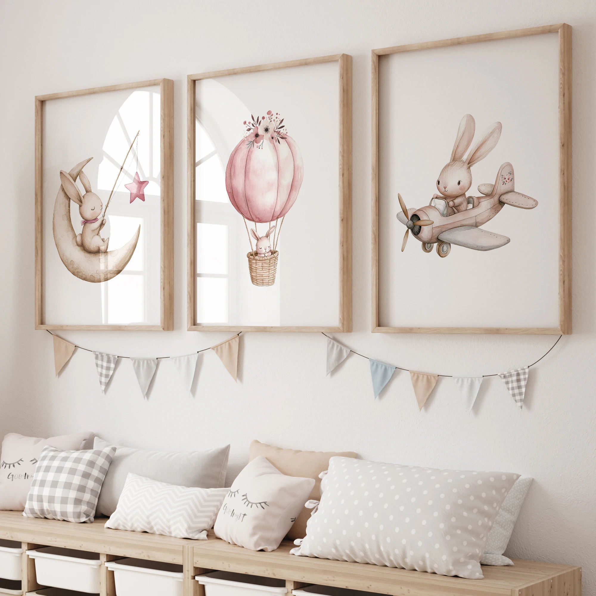 1/3 Stück Hase fliegender und Heißluftballon, Leinwanddruck, Osterhase, fliegendes Kinderzimmer, Wandkunst, Poster für moderne Spiele, Zimmer, Heimdekoration