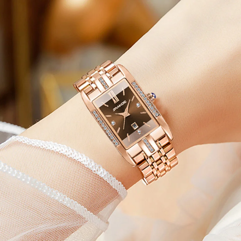 Elegant Rectangular Watch Woman Golden Stainless Steel Female Small Wristwatch Luxury Brand Diamond Waterproof Hand Clock Ladies