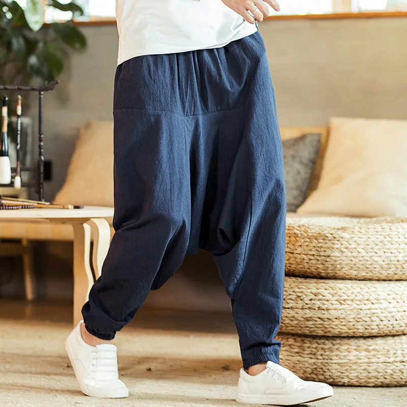 Streetwear Harem Pants Men Hip-hop Drop Crotch Cotton Joggers Wide Leg Pants Trousers Men Chic Loose Pantalones Hombre