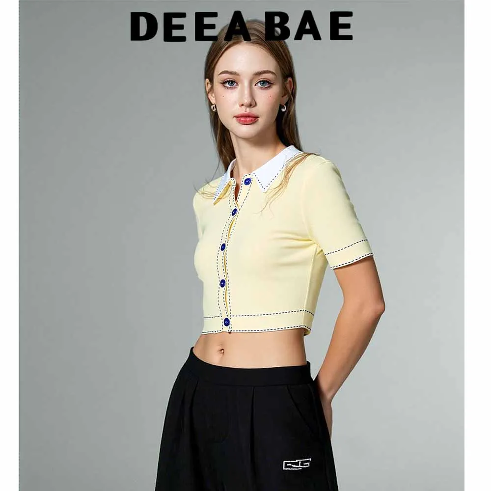 

DEEABAE 25 early autumn French contrasting splicing and stitching decoration POLO shirt collar knitted short sleeved jacket