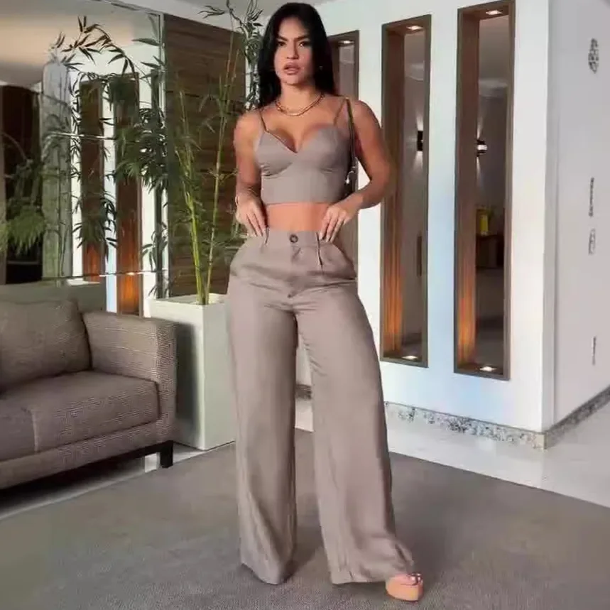 Women Pant Set Two Piece Sets Sexy Sling Sleeveless V Neck Short Tops Slim Fit Wide Leg Long Pants High Waist Elegant Splice