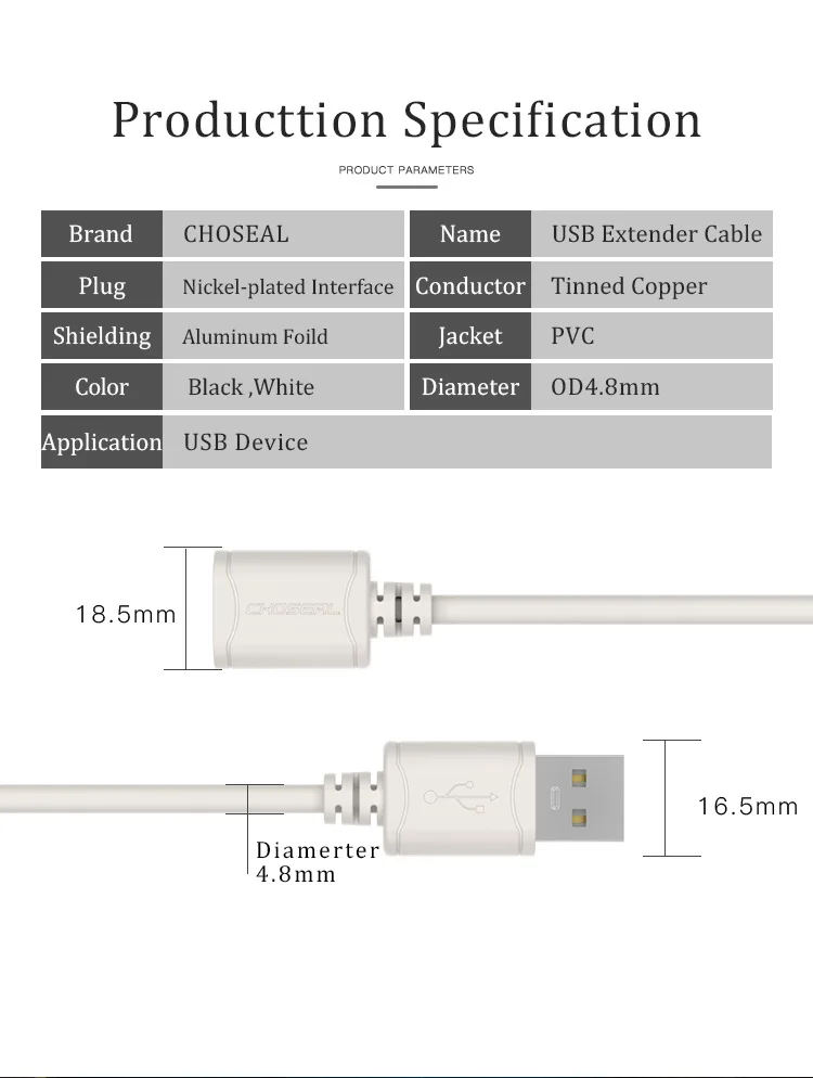 CHOSEAL USB2.0-Verlängerungskabel, Stecker auf Buchse, Hochgeschwindigkeits-USB-Datenkabel-Verlängerung für PC, Tastatur, Drucker, Maus, Computer, 5 m, 3 m – Detail 2
