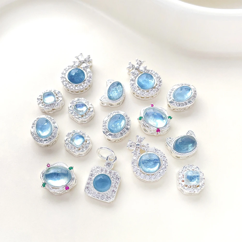 1 Piece Copper Plated with Silver Natural Sea Blue Treasure Barrier Bead Pendant Embedded DIY Jewelry Making Accessory Materials