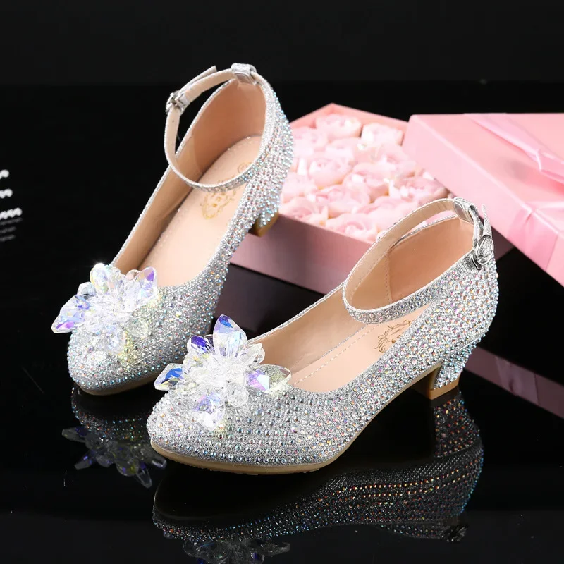 Princess Girls Party Shoes Children Sandals Sequins High Heels Shoes Diamonds Girls Sandals Peep Toe Crystal Kids Dress Shoes