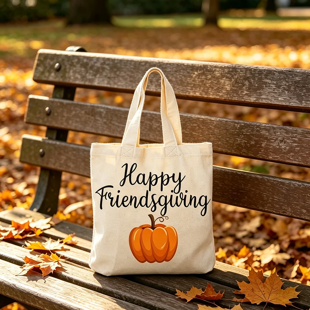 Happy Friendsgiving Mini Canvas Tote Bag 7.9x8.7 Inch Pumpkin Design Autumn Holiday Supplies Decoration Thanksgiving Party Favor