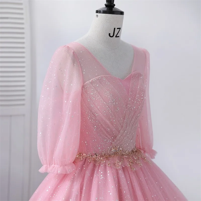 Ashley Gloria abiti Quinceanera manica lunga Bling Bling abito da festa con paillettes abito da ballo con scollo a v rosa dolce personalizza 2023 nuovo