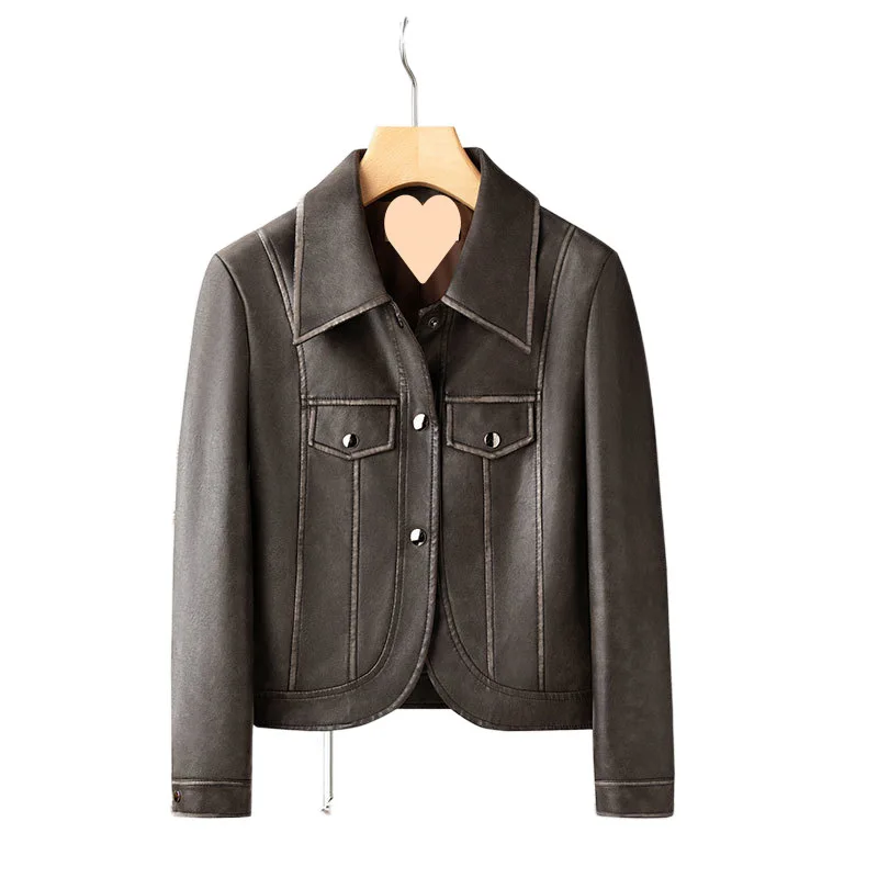 Vestes courtes marron en cuir PU pour femmes, manteaux noirs avec col rabattu et poches, printemps-automne 2025