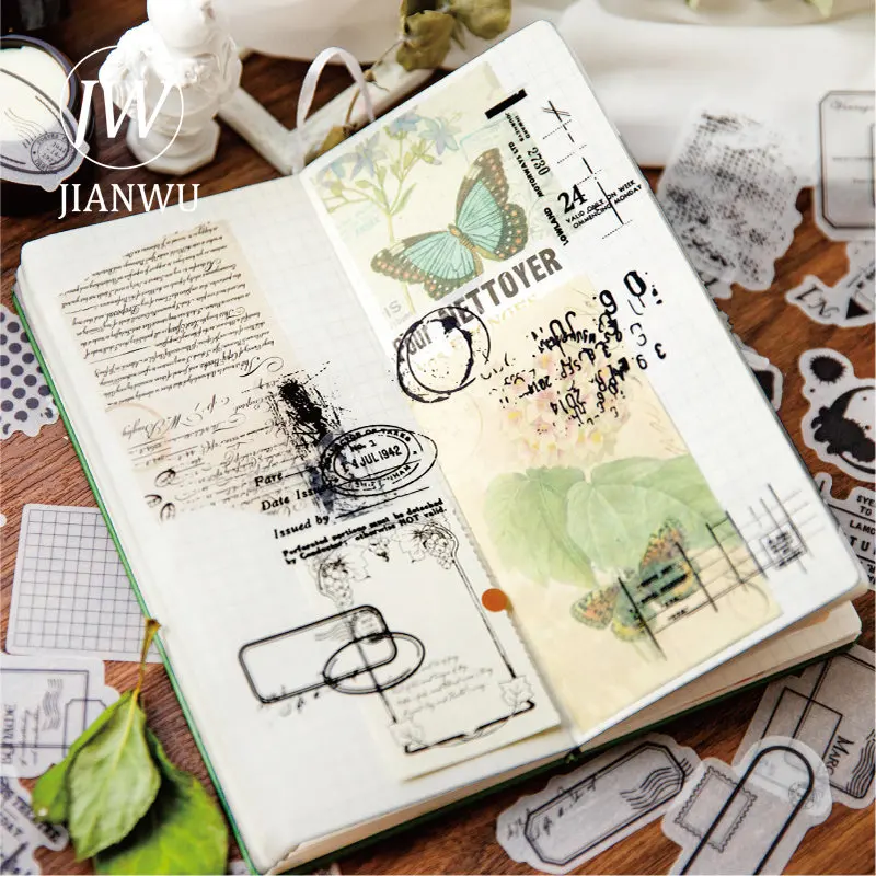 JIANWU-serie de registros nostálgicos, Material de etiqueta Vintage, pegatinas de papel tornasol translúcido, papelería creativa de decoración DIY,