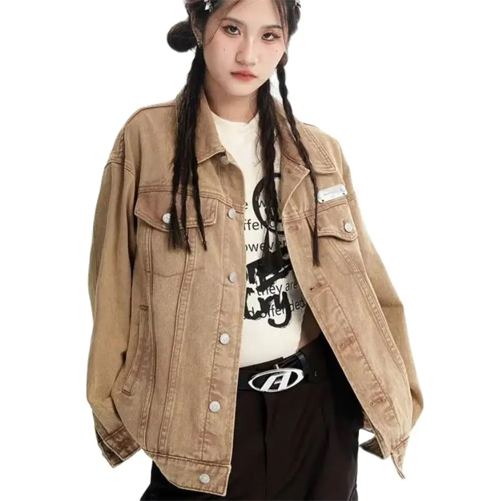 سترة كلاسيكية من قماش الدنيم بحافة خام للإناث ملابس خارجية فضفاضة بنمط منفذ هاراجوكو قسم رفيع سترة علوية للربيع والخريف #2