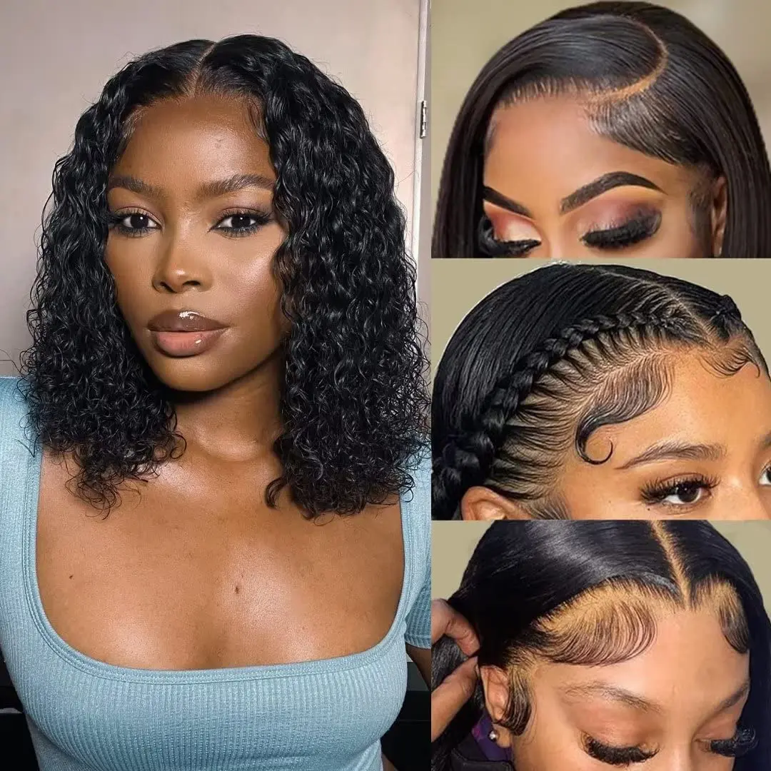 Short Curly Bob Wig Human Hair Deep Wave 13x4 Lace Front Wigs Human Hair Pre Plucked True To Length 12 Inch For Black Women #1B