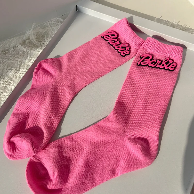 Nuevos calcetines Barbie Rose con lazo Kawaii Otoño Invierno deportes calcetines largos tejidos niñas calcetines largos con bolas de pelo