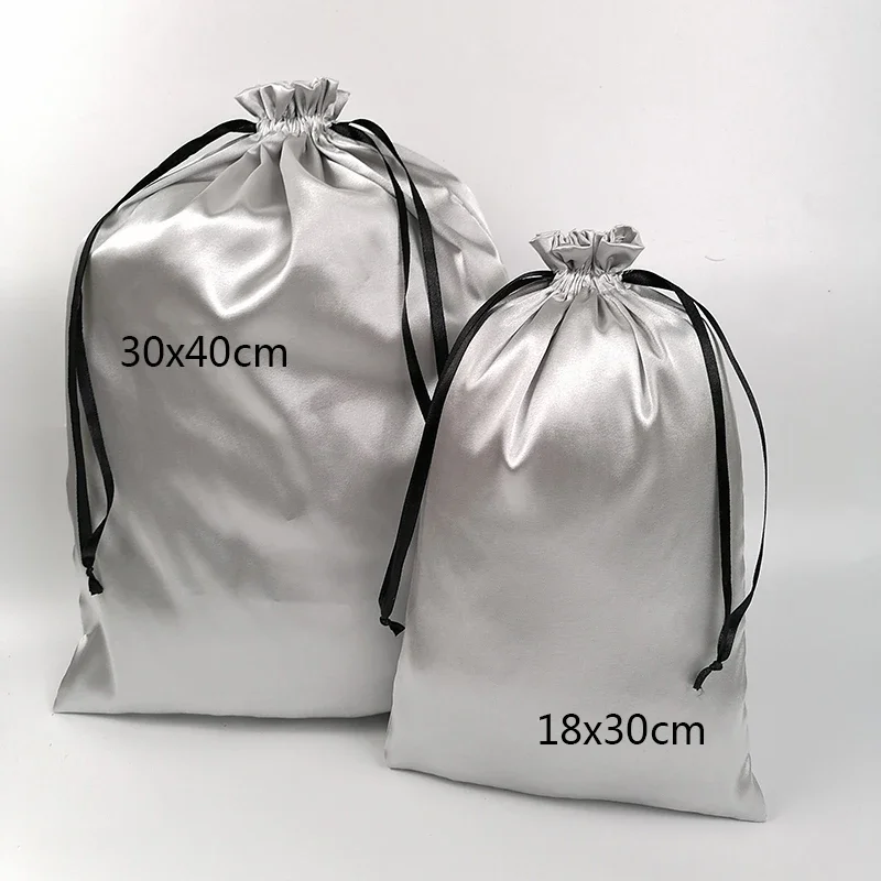 50PCS Silver Silk Satin Hair Packaging Bag Hair Extensions/Makeup/Home Storage/Shoes/Clothes Drawstring Gift Bags Custom Logo