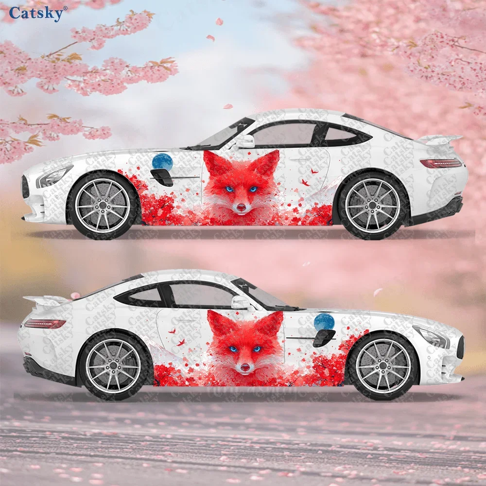 2pcs Japanese Fuji Mountain Cherry Blossom Red Fox Sticker, Durable, Fade-Resistant, Easy to Install and Remove - Enhance your's