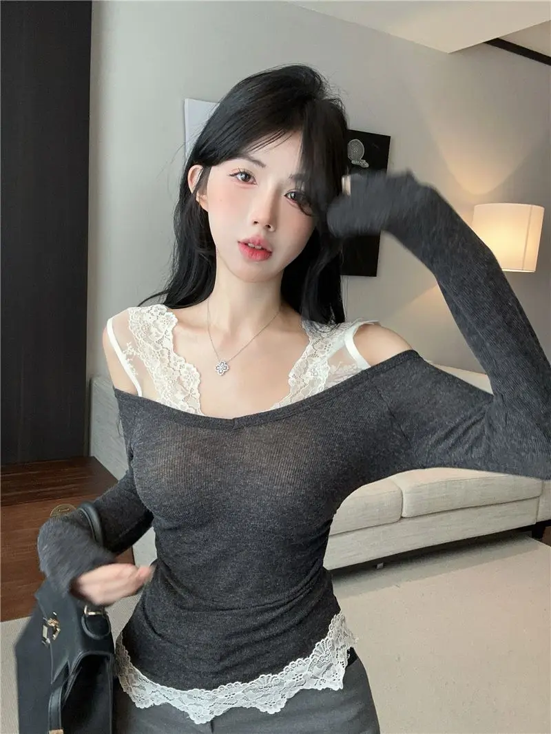 Off Shoulder Lace Patchwork Fake Two Piece Internet Famous Long Sleeved Top Hepburn Style Pullover Ins Style T-shirt