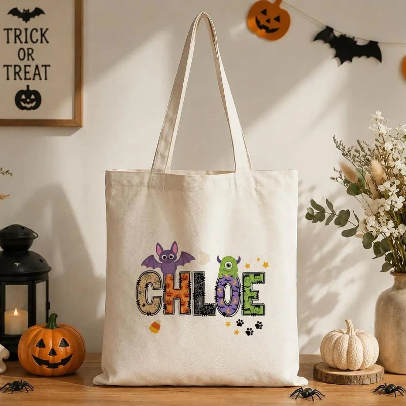 Personalized Halloween Tote Bag Custom Name Trick or Treat Bag Cute Bat Monster Canvas Tote Spooky Gift for Kids Girls