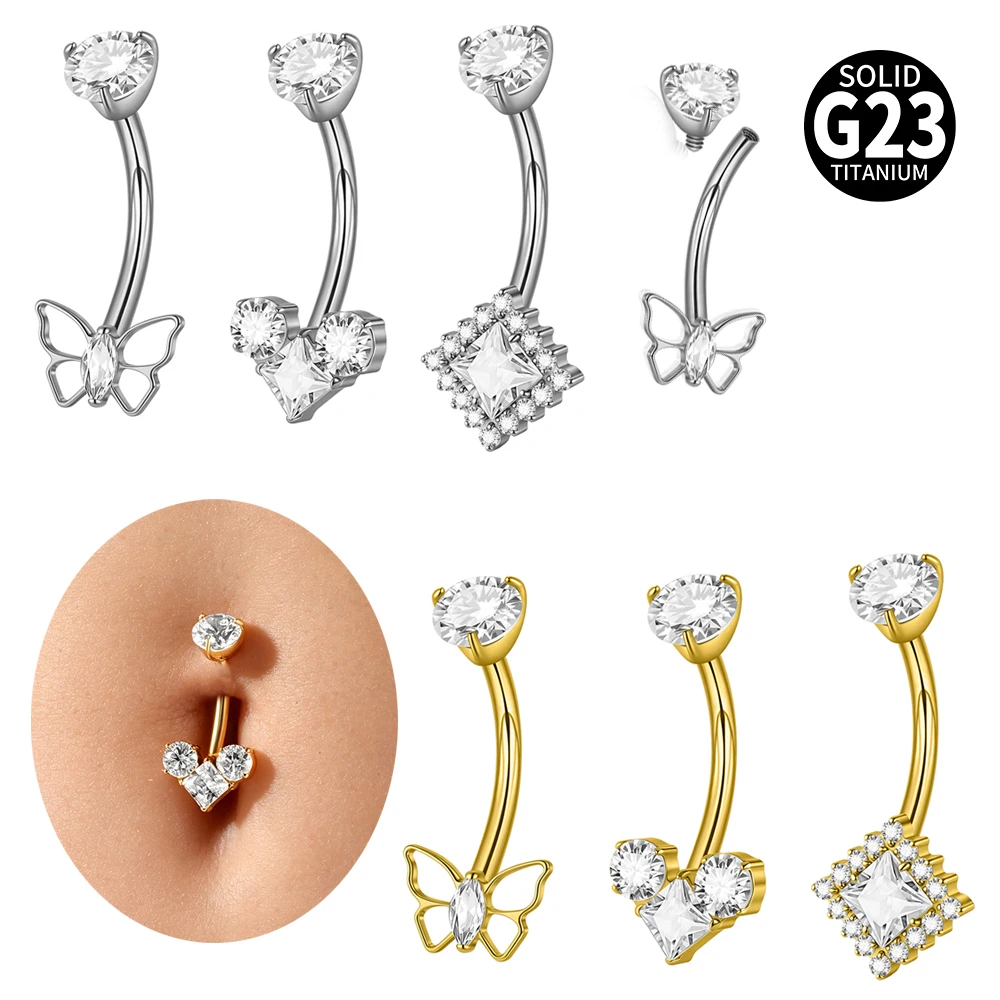 5-1 Stück F-136 Implantat Titan Schmetterling Herz Quadrat CZ Bauchnabelring Innengewinde Gebogener Zirkonia Bauchnabelpiercing 14G