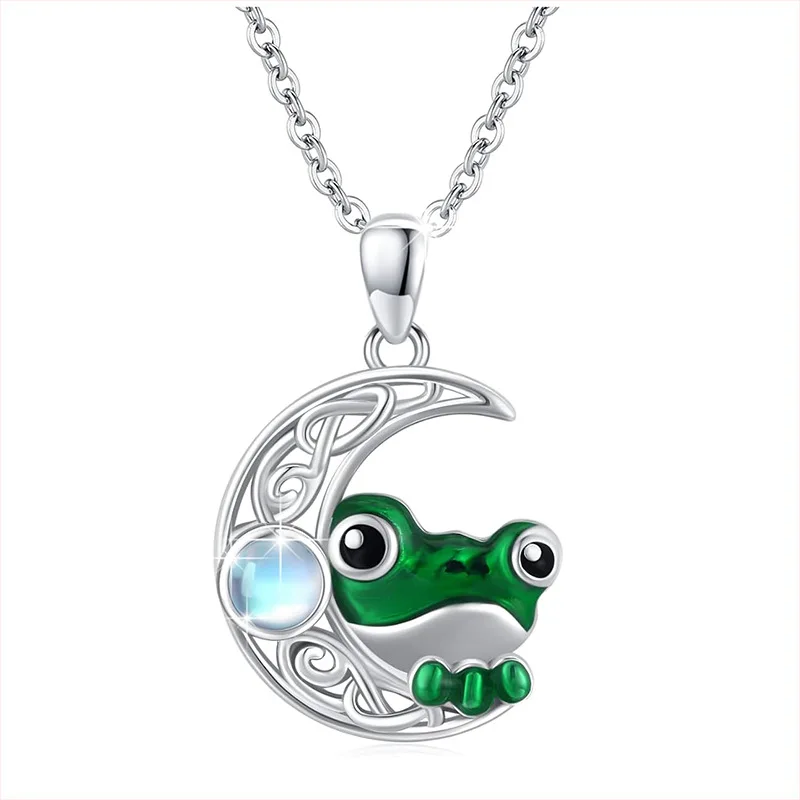 

Double Sided Stainless Steel Necklace for Women Cute Little Frog Cutout Moon Curved Gemstone Dripping Oil Animal Pendant Jewelry