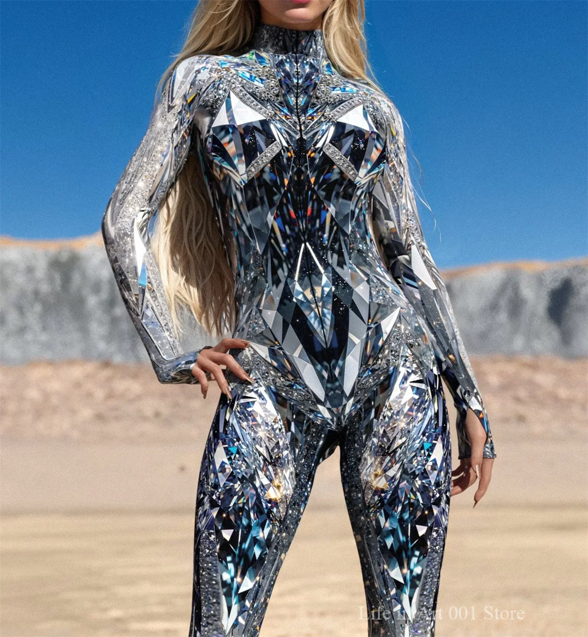 Women 3D Diamond Mirror Printing Cyber Jumpsuit Holiday Party Cosplay Costume Halloween Shows Women Bodysuit Performance Zentai
