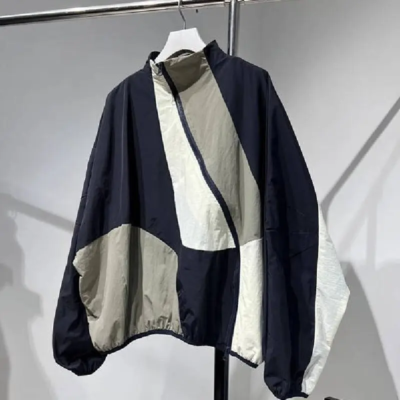 

European Style Contrasting Color Spliced Jacket Chic Zip Loose Stand Collar Short Windbreaker Women Autumn Long Sleeve Top