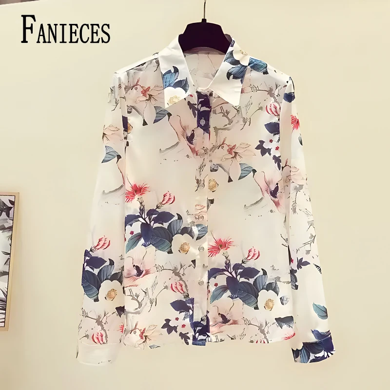 

FANIECES 셔츠 Fashion Printed Elegant Chic Office Lady Button Up Shirts Casual Long Sleeve Commute Top Blouse Women Blusas 6079