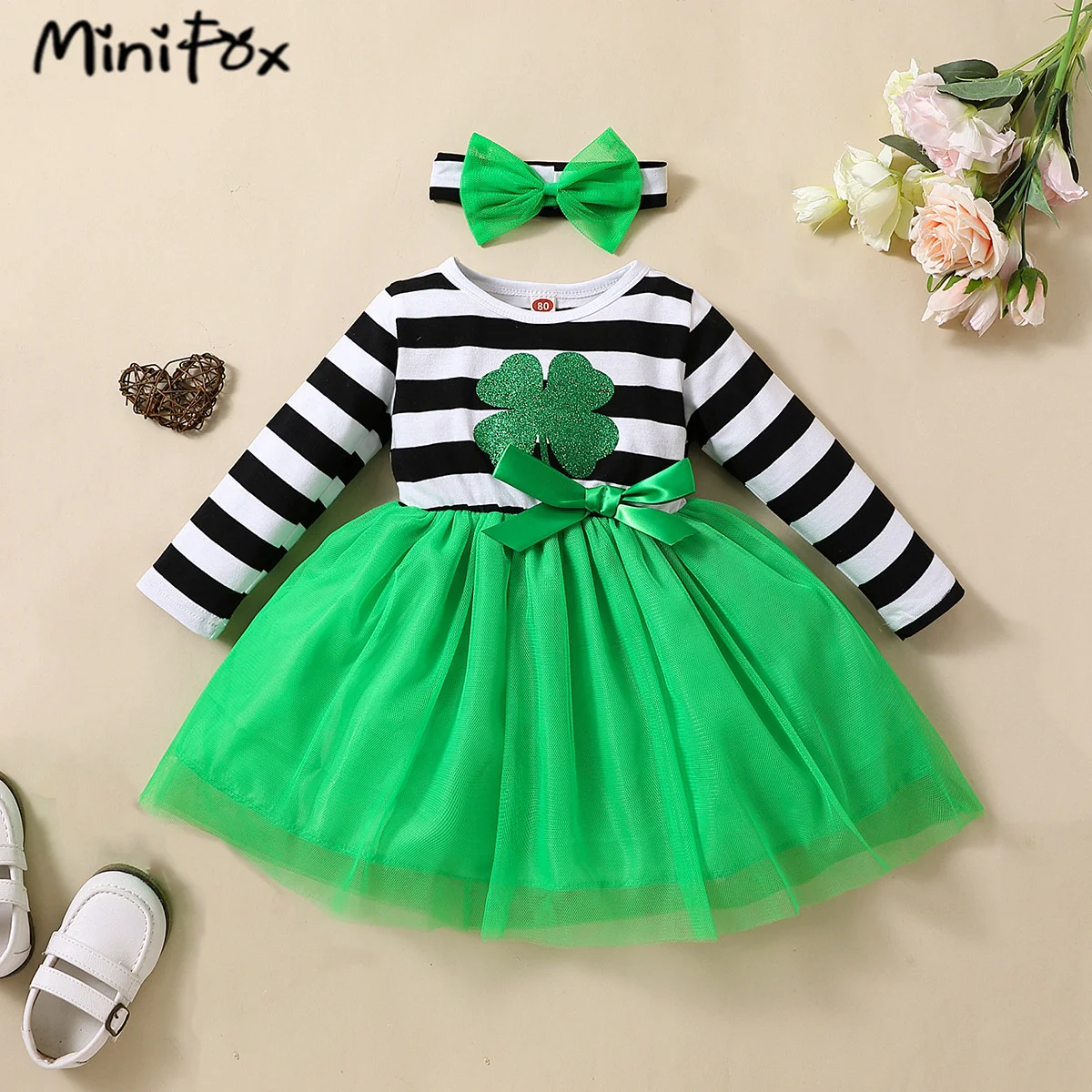 Low Price Cheap Clothes St.Patrick's Day Costume For Kids Girl Dresses Long Sleeve Green Clover Princess Spring Dress For Girls