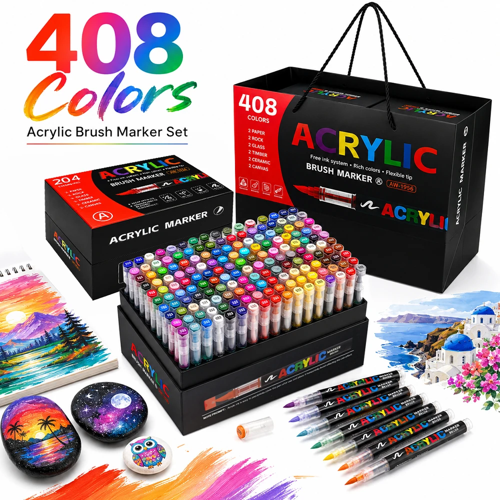 

408 colors Acrylic Paint Markers,Soft Brush Student Graffiti Painting Pens Set,Festival Gift DIY Art Markers