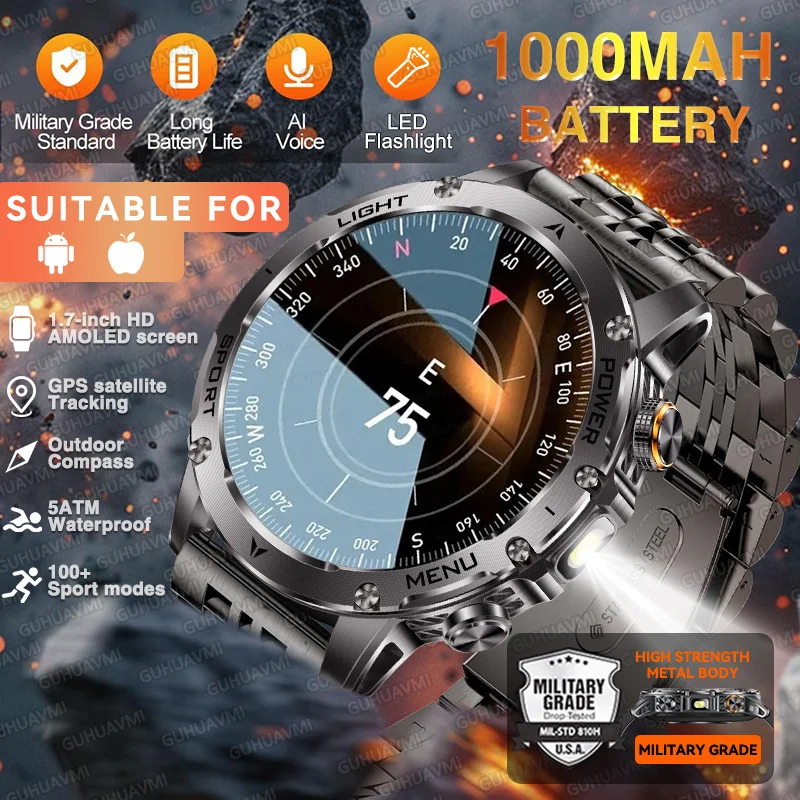 

Новинка 2025 года, 1000 мАч, военные мужские умные часы с GPS, Bluetooth-вызовом, 1,7 дюйма, AMOLED-экран, 5 АТМ, водонепроницаемые спортивные умные часы для плавания
