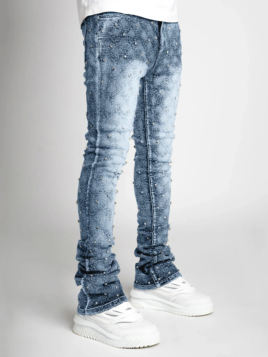 Jeans Skinny da uomo Fit Fashion strass Streetwear pantaloni in Denim con tasche pantaloni Hip Hop Club