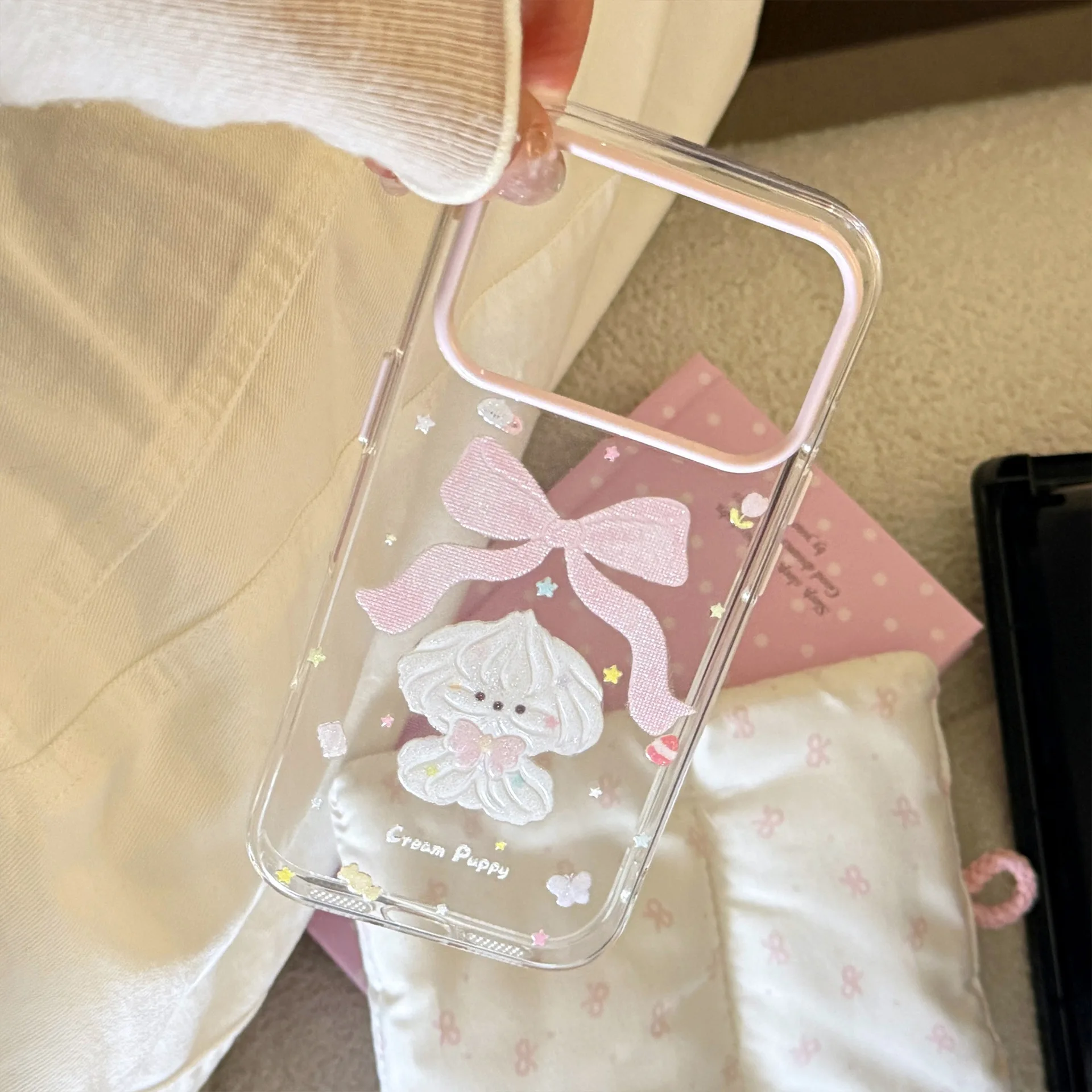 Korean Glitter Cartoon Cream Puppy Bowknot Pattern Phone Case For iPhone 13 14 15 16 17 12 Pro Max Clear Shockproof Soft Cover view 2