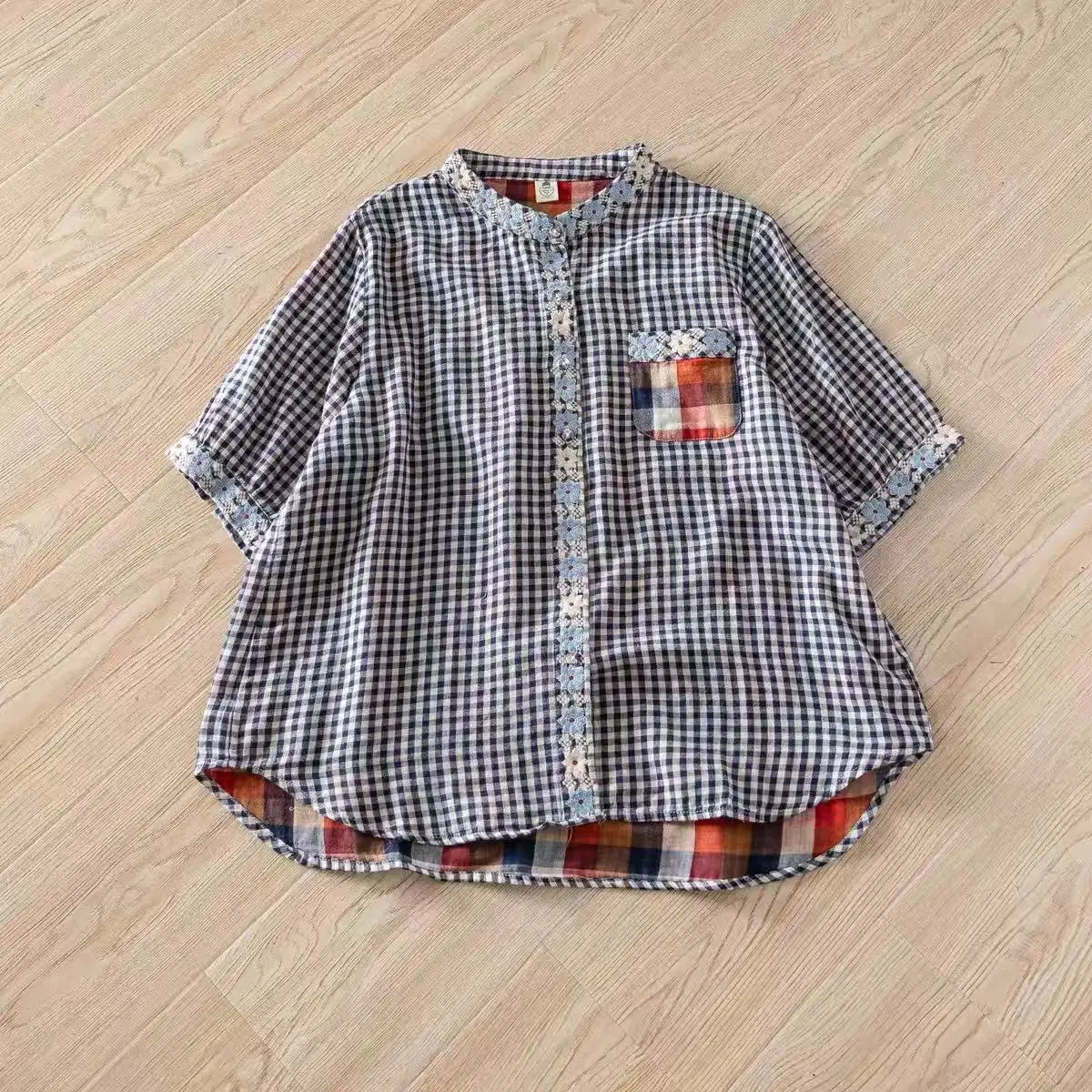2026 Cottagecore Gingham Shirt Blouse 100% Cotton Yarn Women\'s Floral Embroidered Short Sleeve Tops Women\'s Plaid Shirt